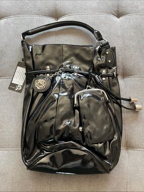 Gaya black patent bucket purse (new).